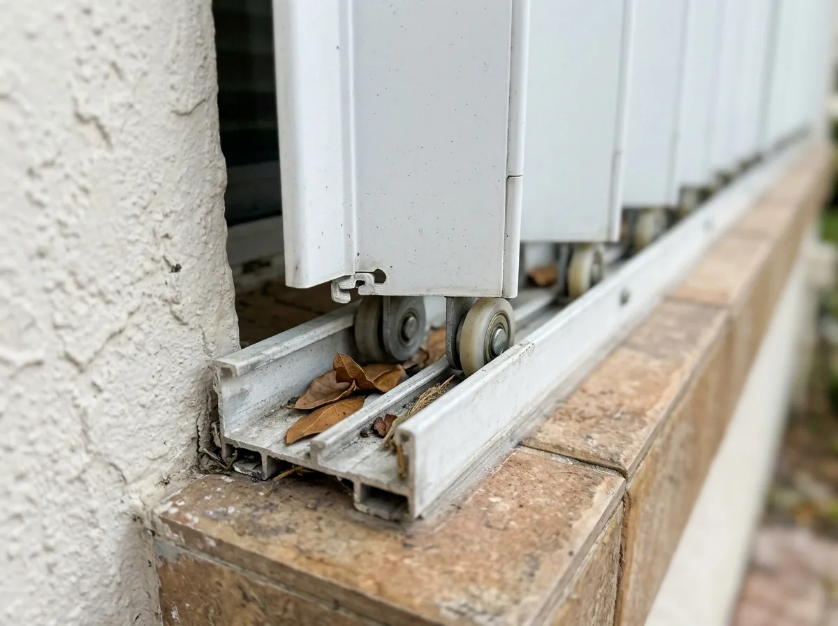 Close view of interlocking aluminum accordion shutter blades and the bottom track