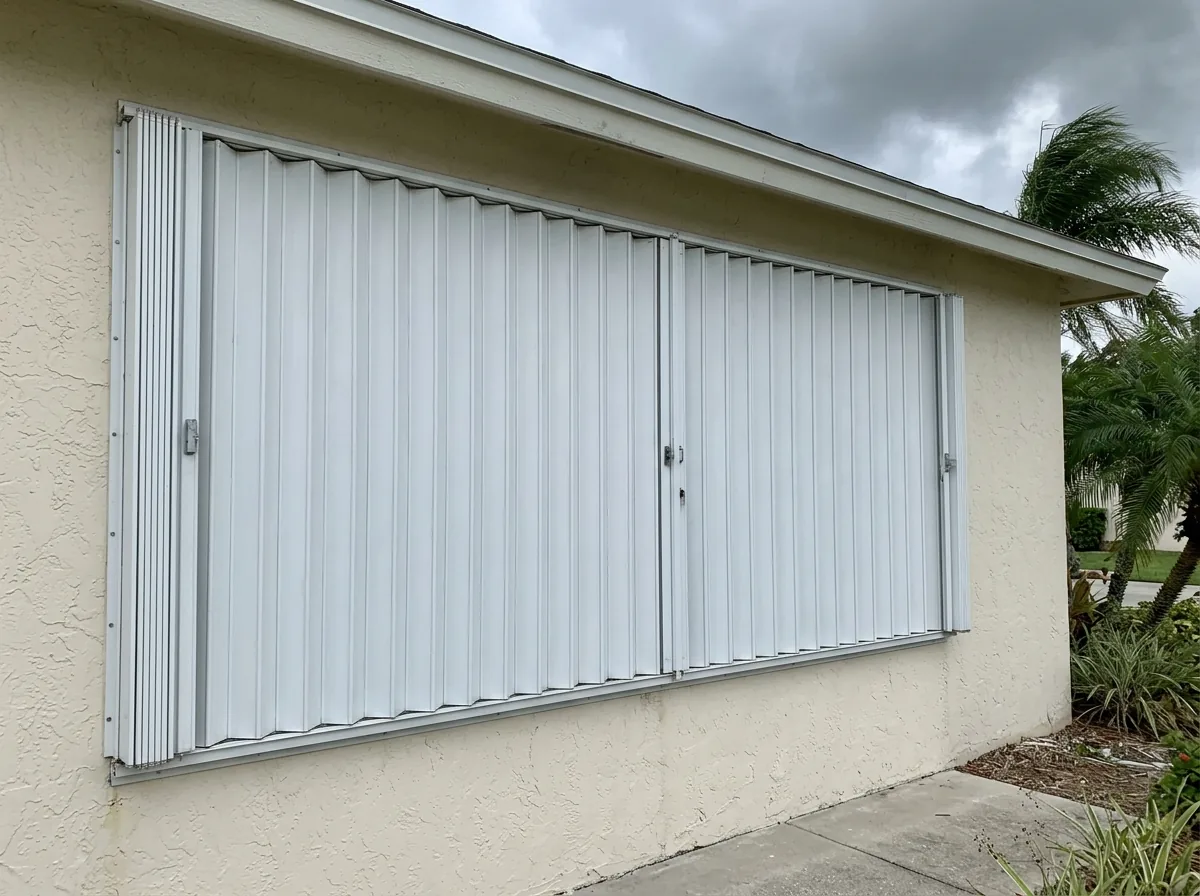 Two accordion shutter sections meeting at a center locking bar over a wide window