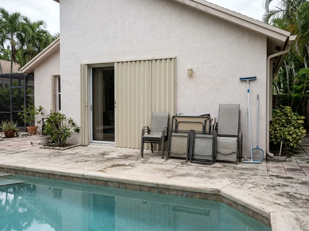 Accordion shutters closed across a sliding glass door on a pool patio