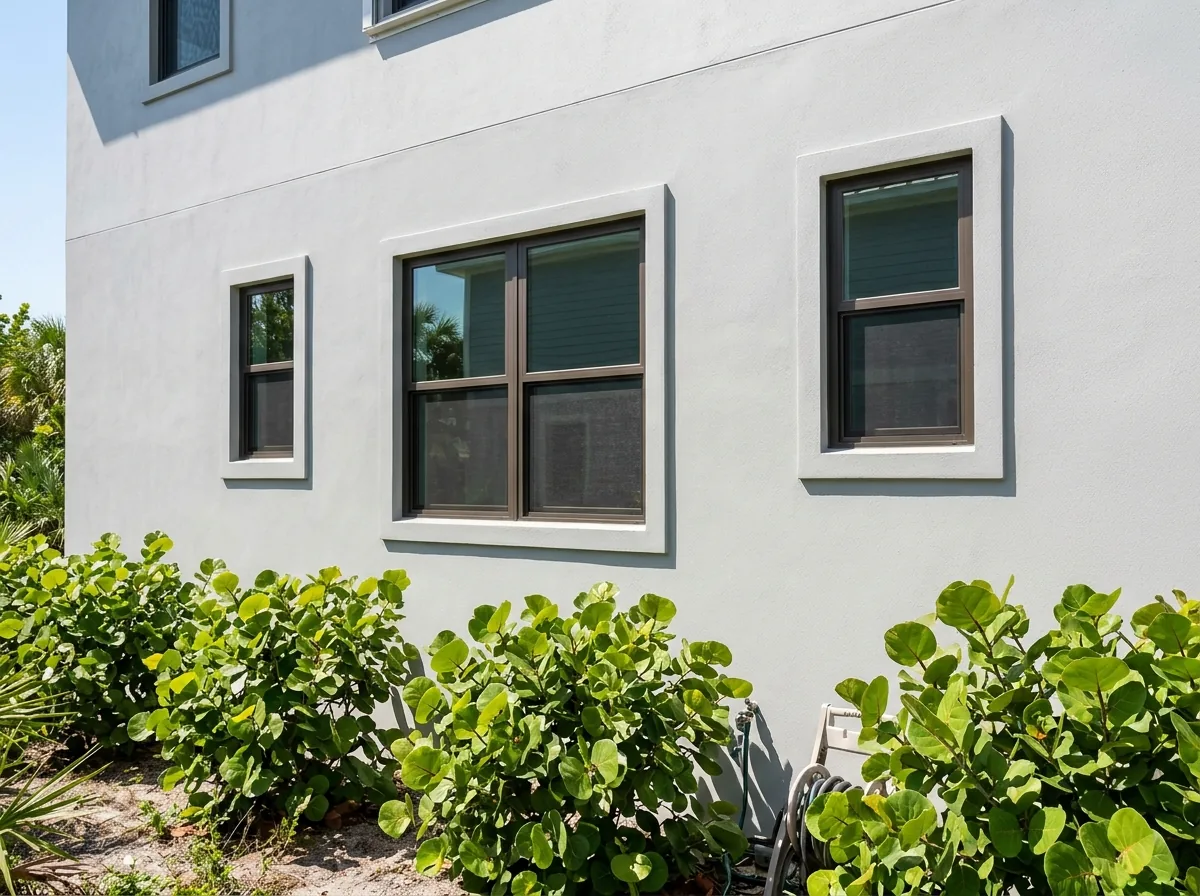 Bronze factory-finished aluminum window frames on a coastal house exterior