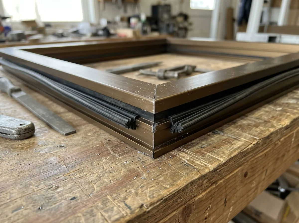 Close view of a bronze aluminum window frame corner with weatherstripping
