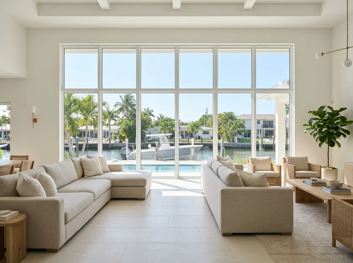 Wide aluminum-framed fixed windows across a living room wall facing a canal