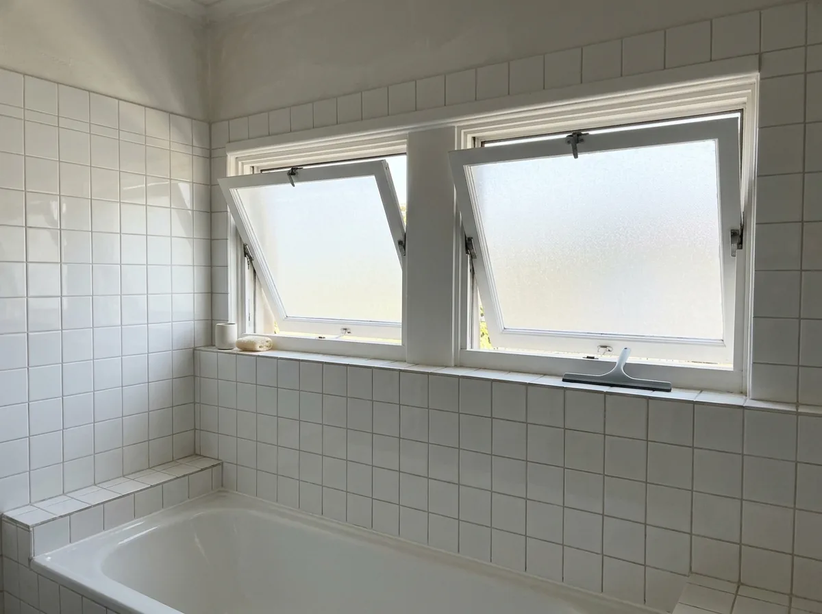 Two white awning windows tilted open above a bathtub