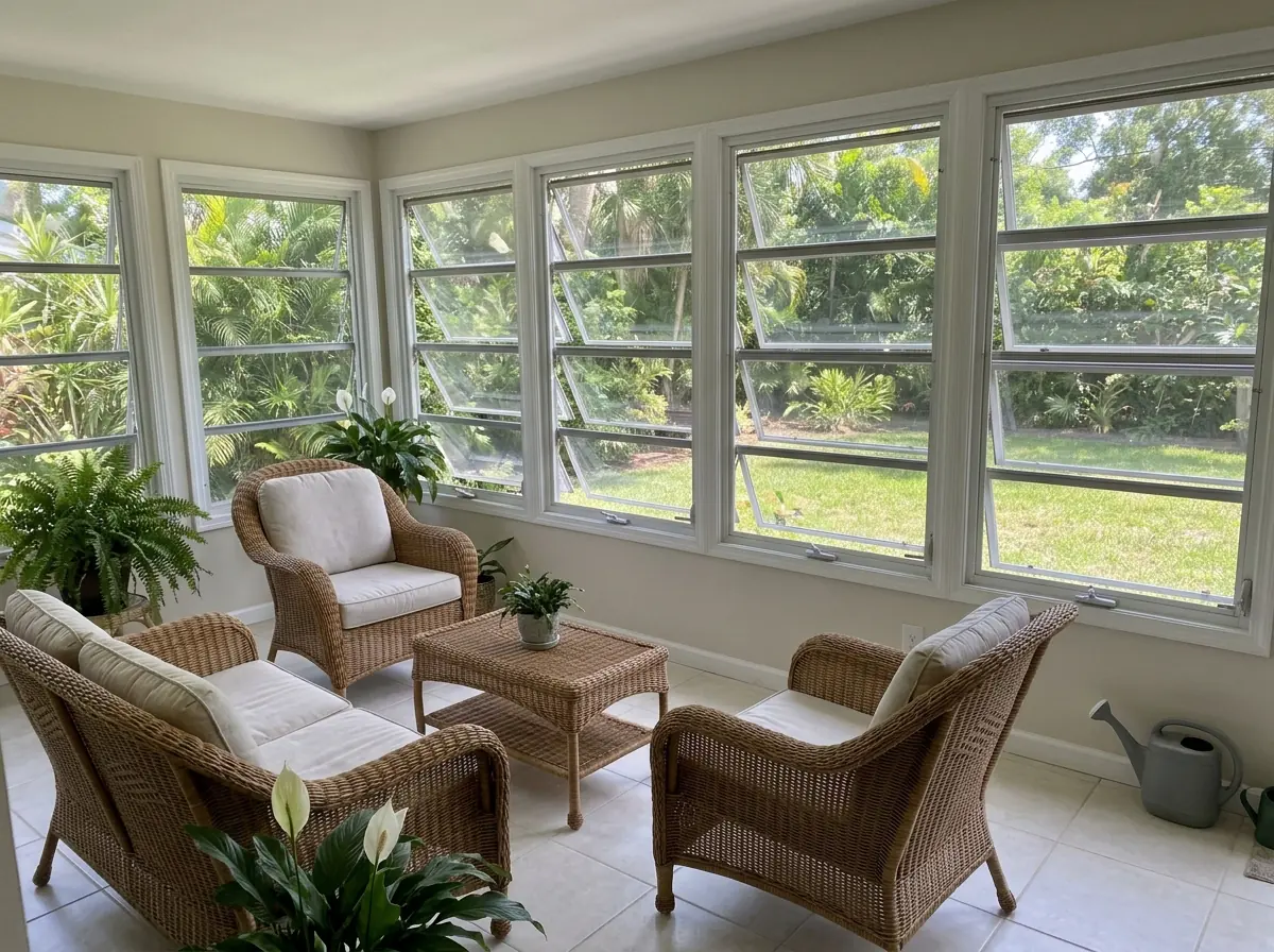 Row of awning windows along a Florida room wall where louvered glass used to be