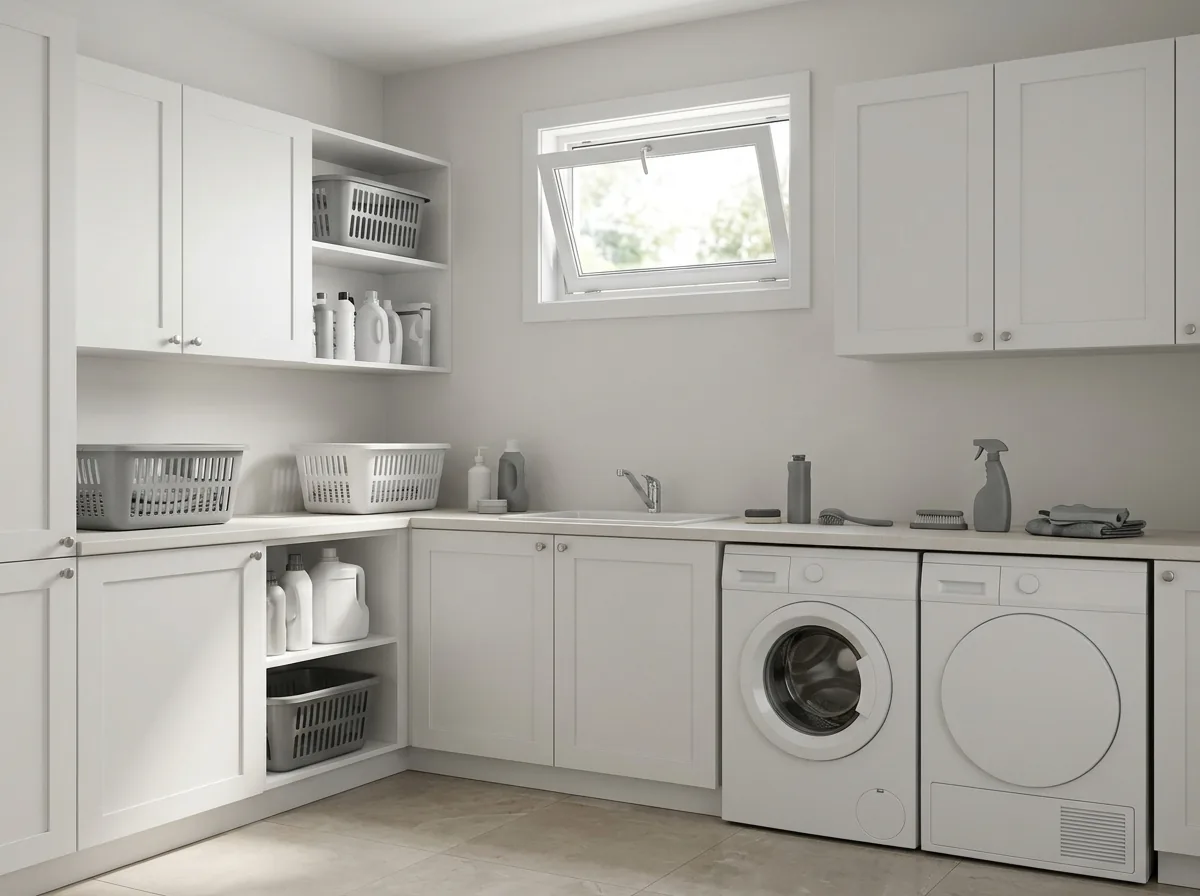 Small hopper window hinged at the bottom, tilted open in a laundry room wall