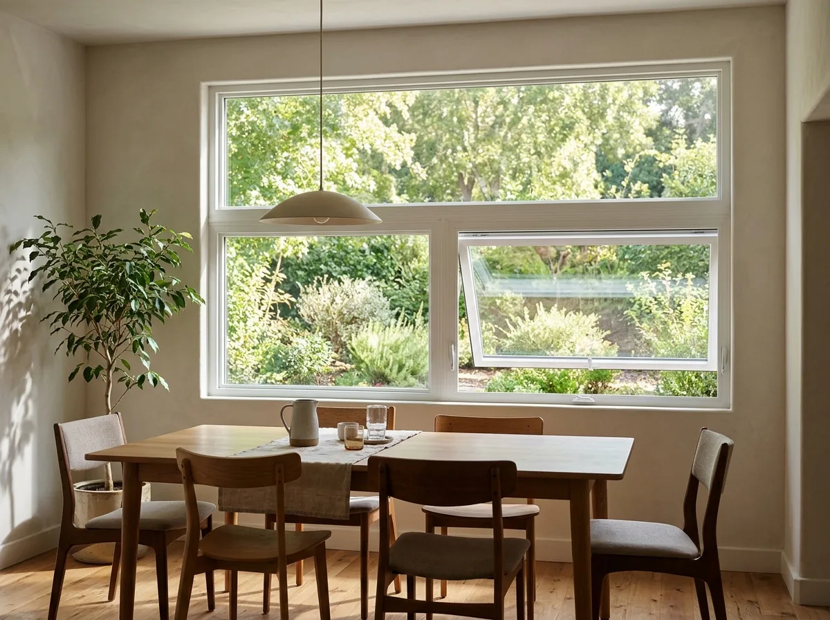Fixed picture window with a wide awning window mulled below it in a dining room