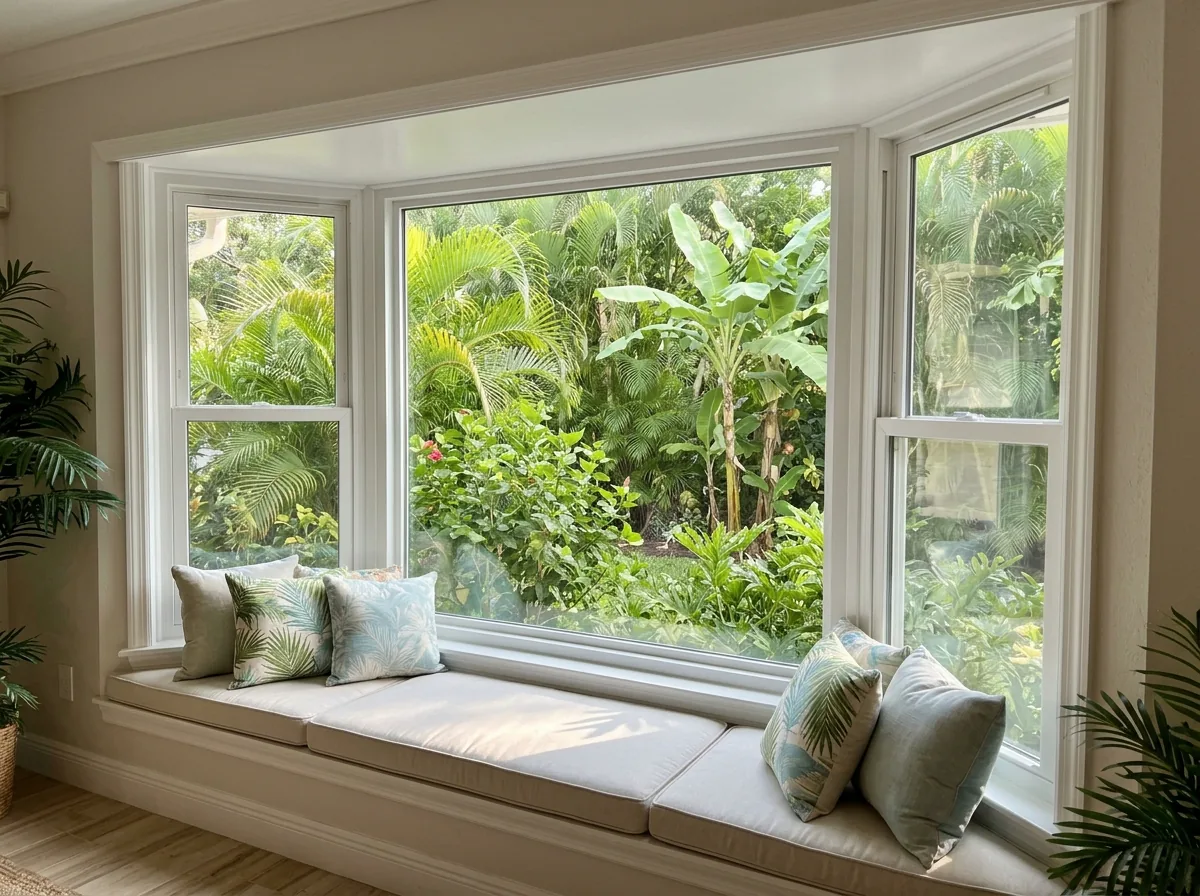 Three-panel white bay window with a cushioned window seat