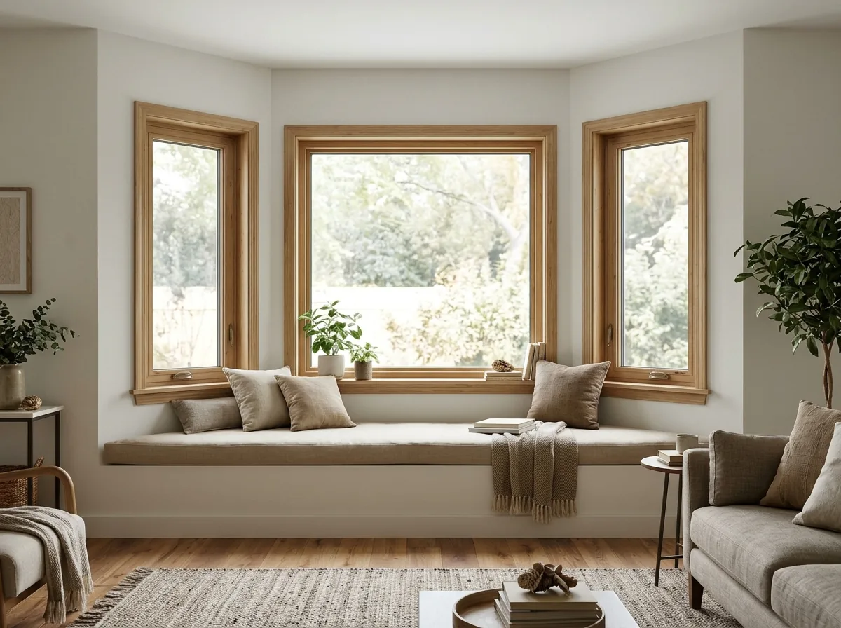 Three-part angled bay window with a fixed center pane and two opening side windows in a living room