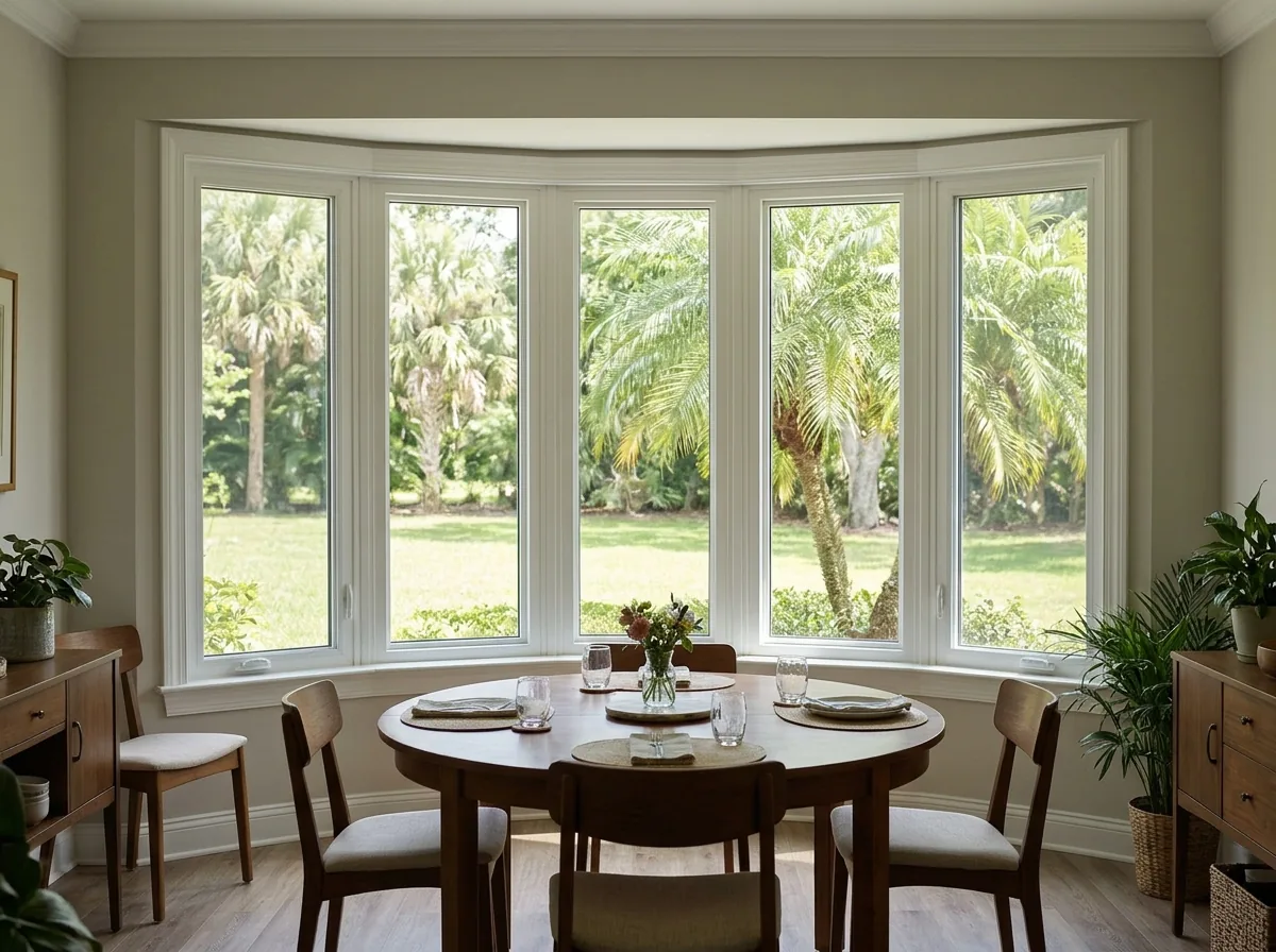 Five-panel curved bow window in a dining room looking onto a lawn