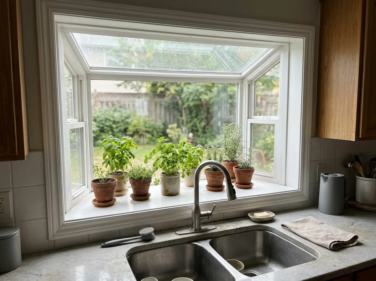 Small box bay window projecting over a kitchen sink with potted herbs on the ledge