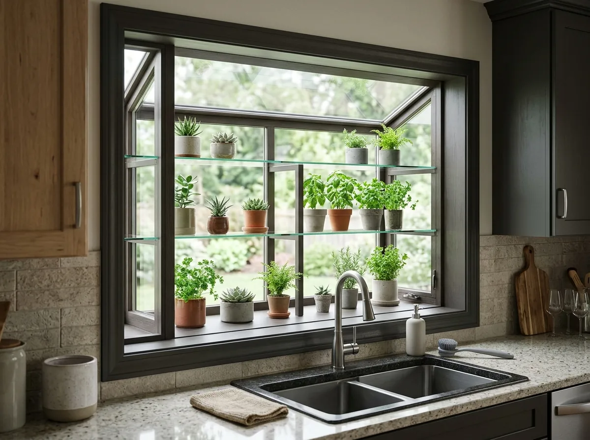 Glass garden window box projecting over a kitchen sink with plants on its shelf