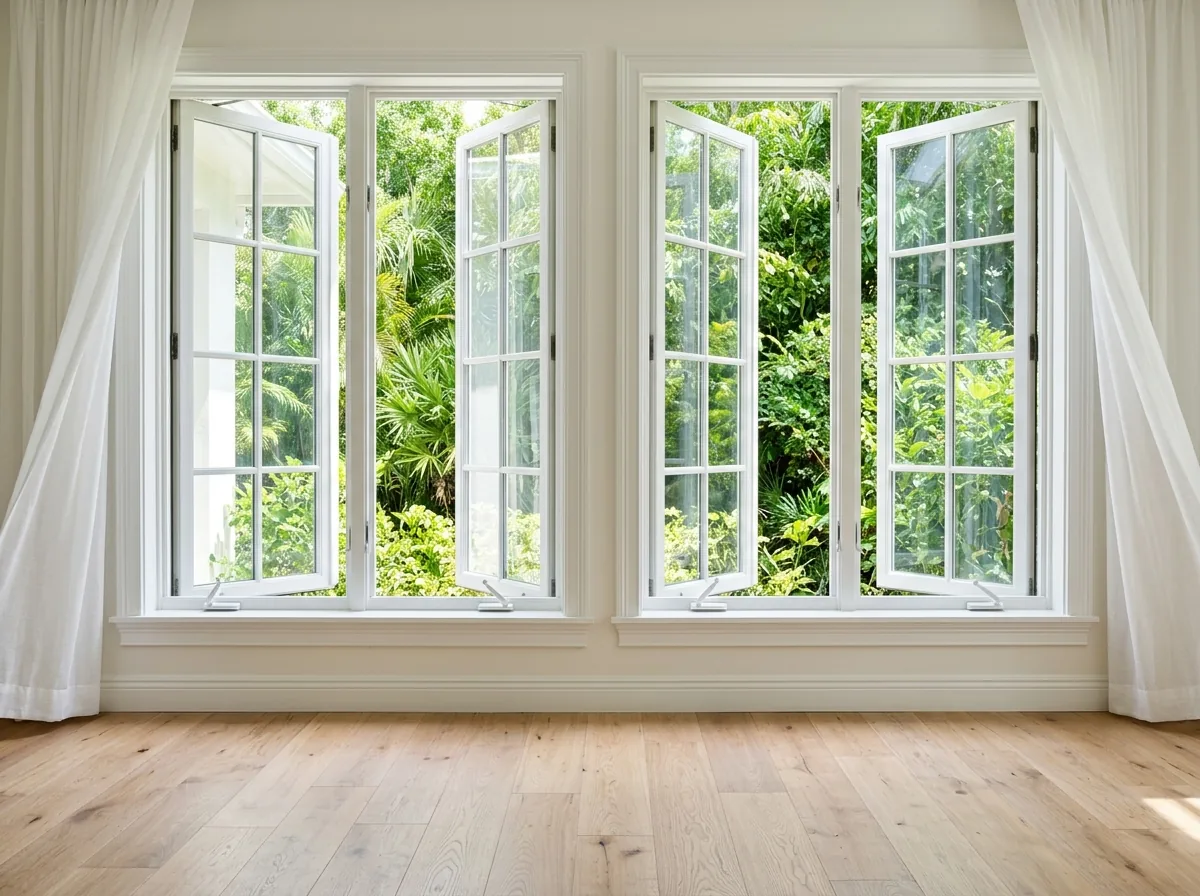 Pair of white casement windows cranked open to the garden