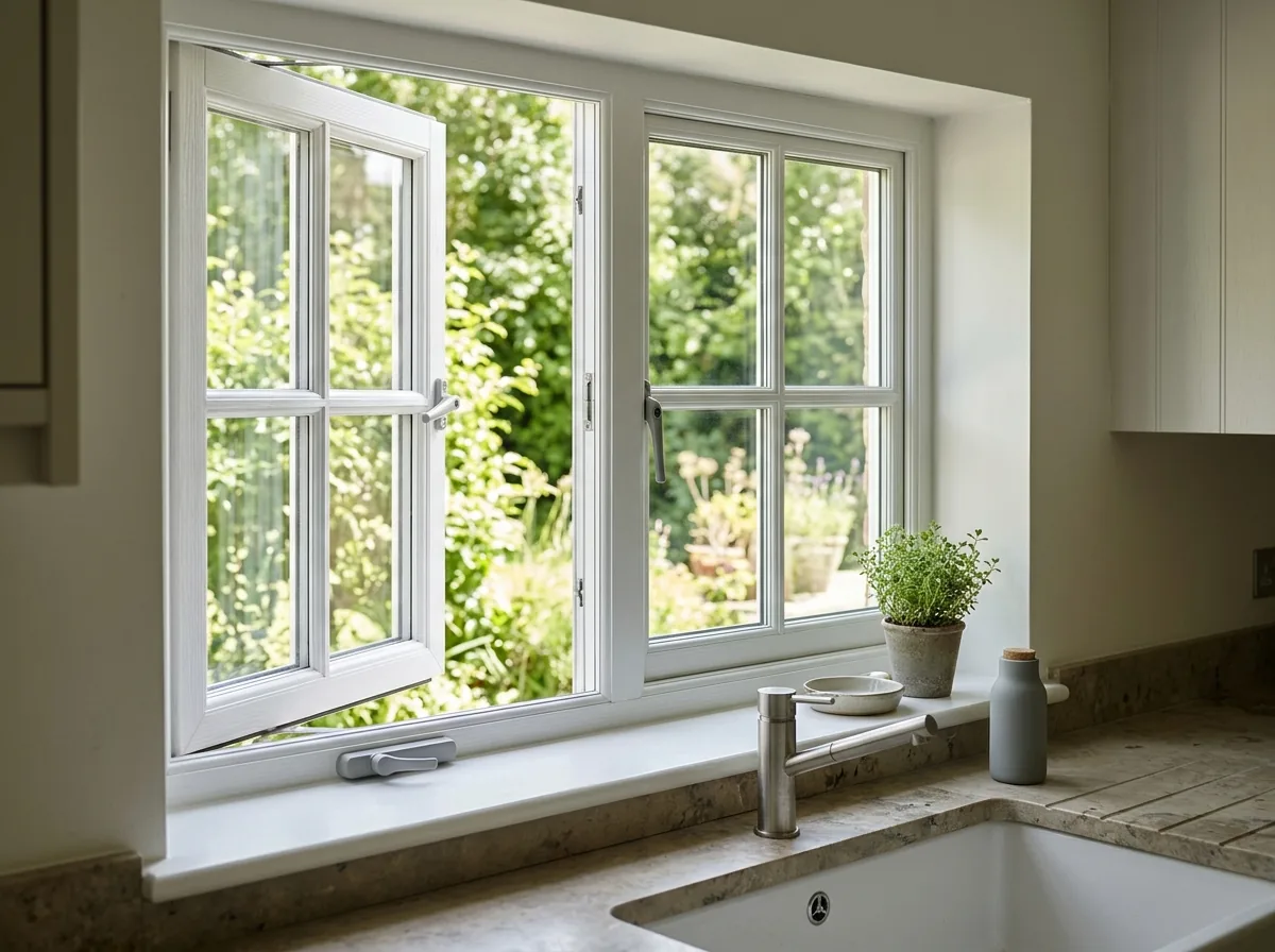 White casement window cranked open beside a kitchen sink with a handle at the sill
