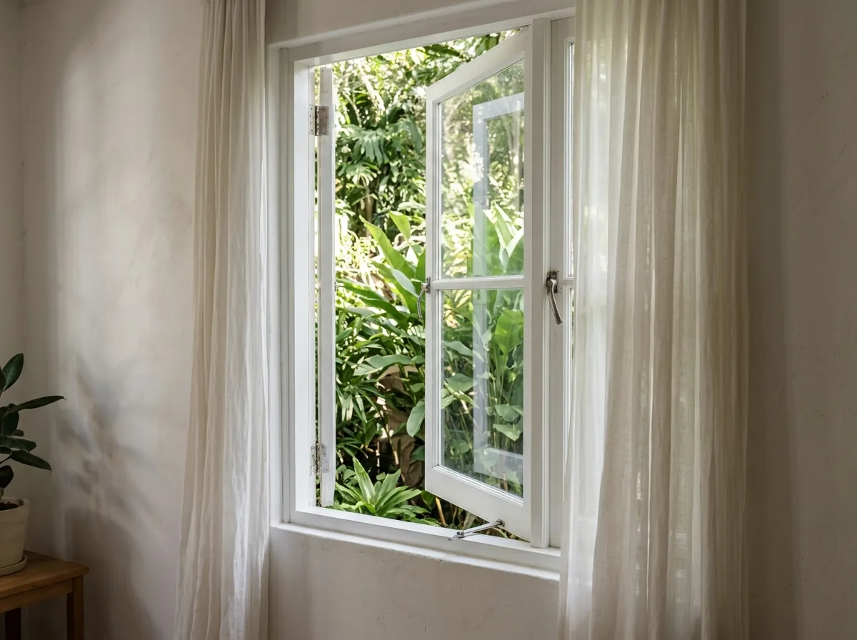 Push-out casement sash swung open from a living room wall onto a garden