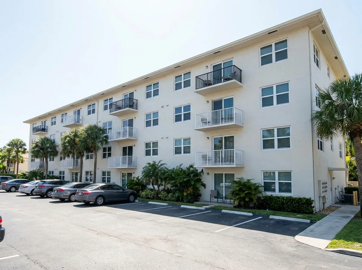 Four-story stucco apartment building with rows of new white impact windows
