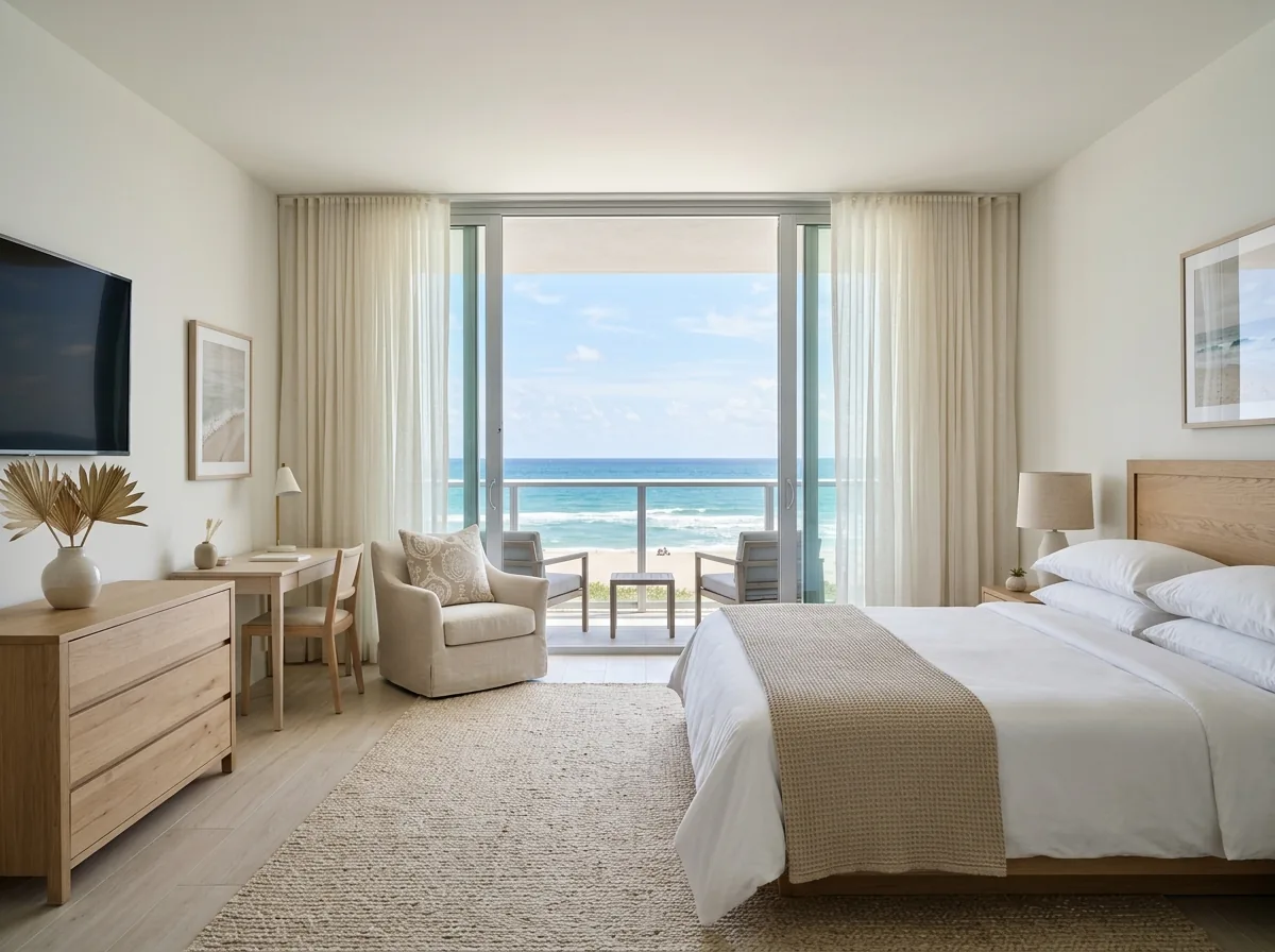 Hotel room with an impact sliding glass door opening onto a balcony with a glass railing