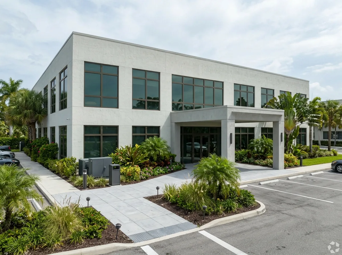 Two-story office building with tinted fixed impact windows and a covered entrance