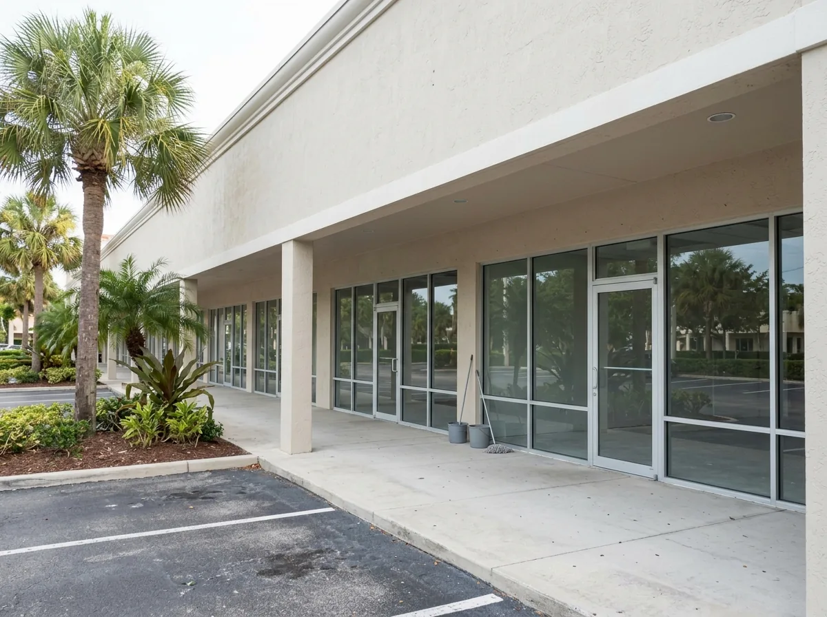 Single-story retail plaza with aluminum-framed impact storefront windows and glass doors