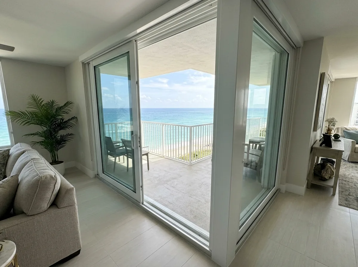 Impact sliding glass door opening from a condo living room onto a balcony with a railing