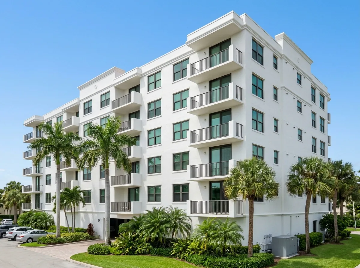 Mid-rise condo building facade with matching new impact windows on every floor
