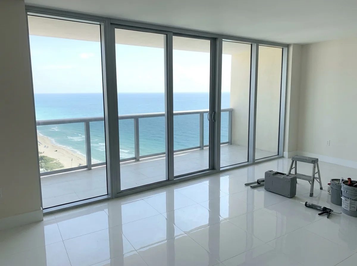 Floor-to-ceiling impact windows in a high-rise condo overlooking the ocean
