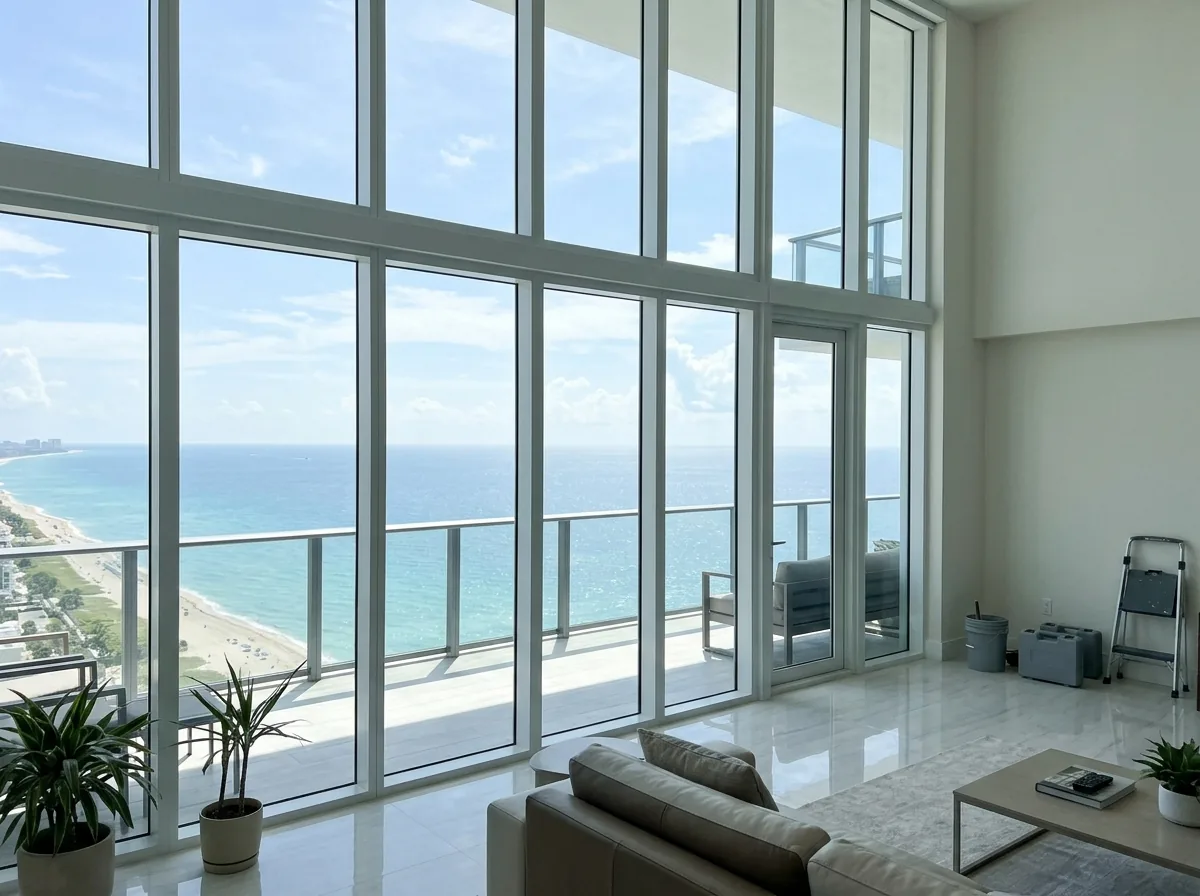 Upper-floor condo window wall with large fixed impact panes and a balcony door