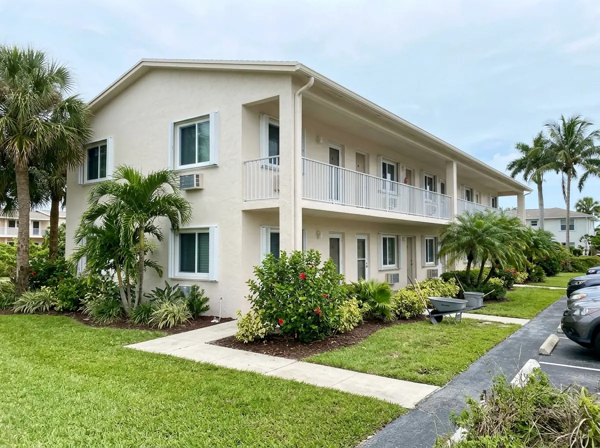 Two-story garden condo building with new white impact windows along an exterior walkway