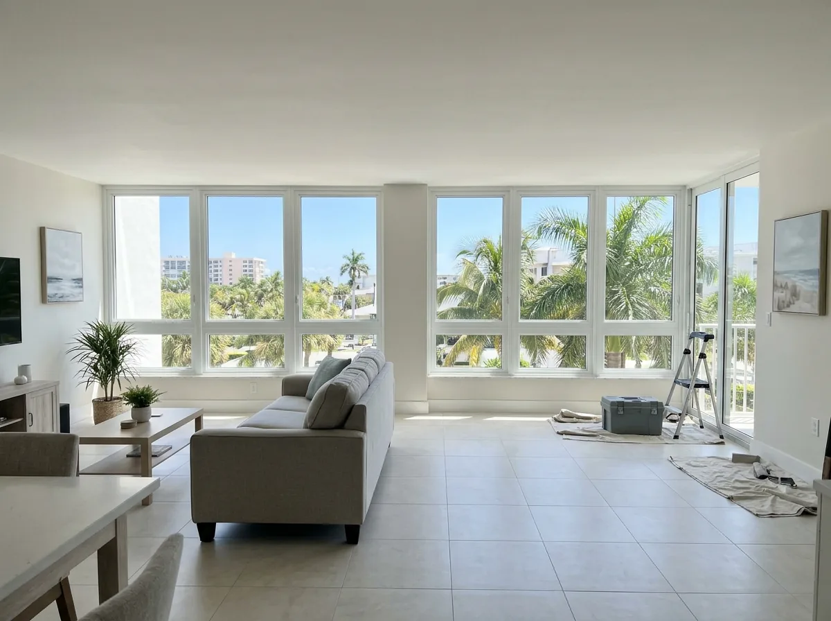 Living room of a condo unit with new white-framed impact windows and a tiled floor