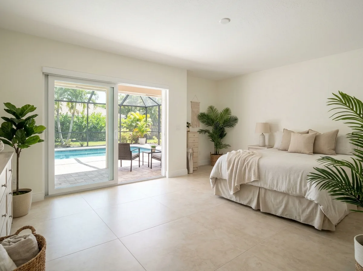 Bedroom with a sliding glass door opening onto a screened patio
