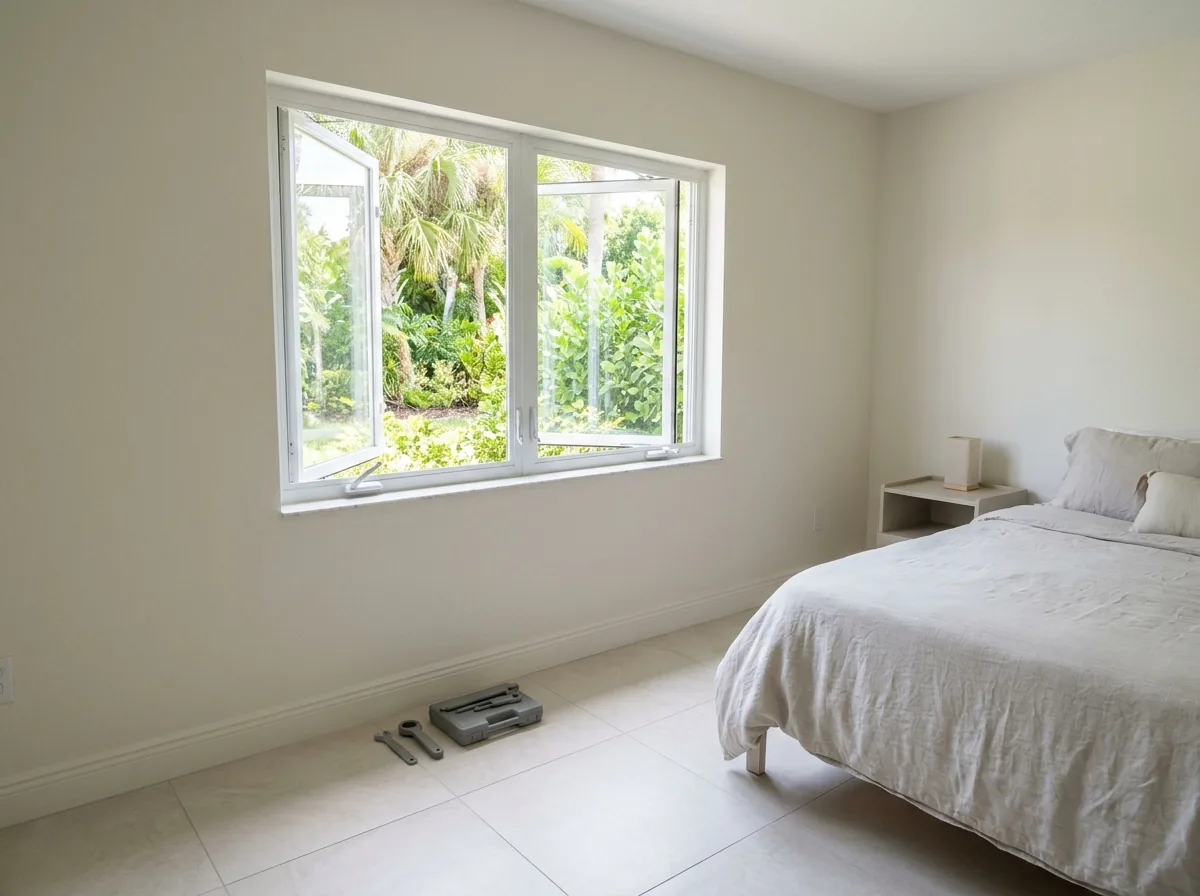 White casement window cranked fully open in a bedroom with a tiled floor