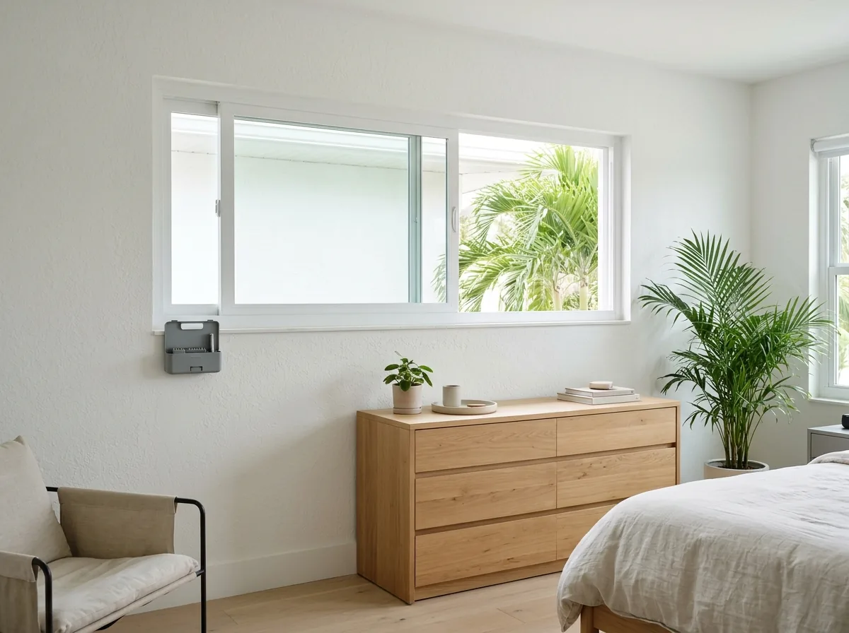 Wide horizontal sliding window with one sash open in a bedroom