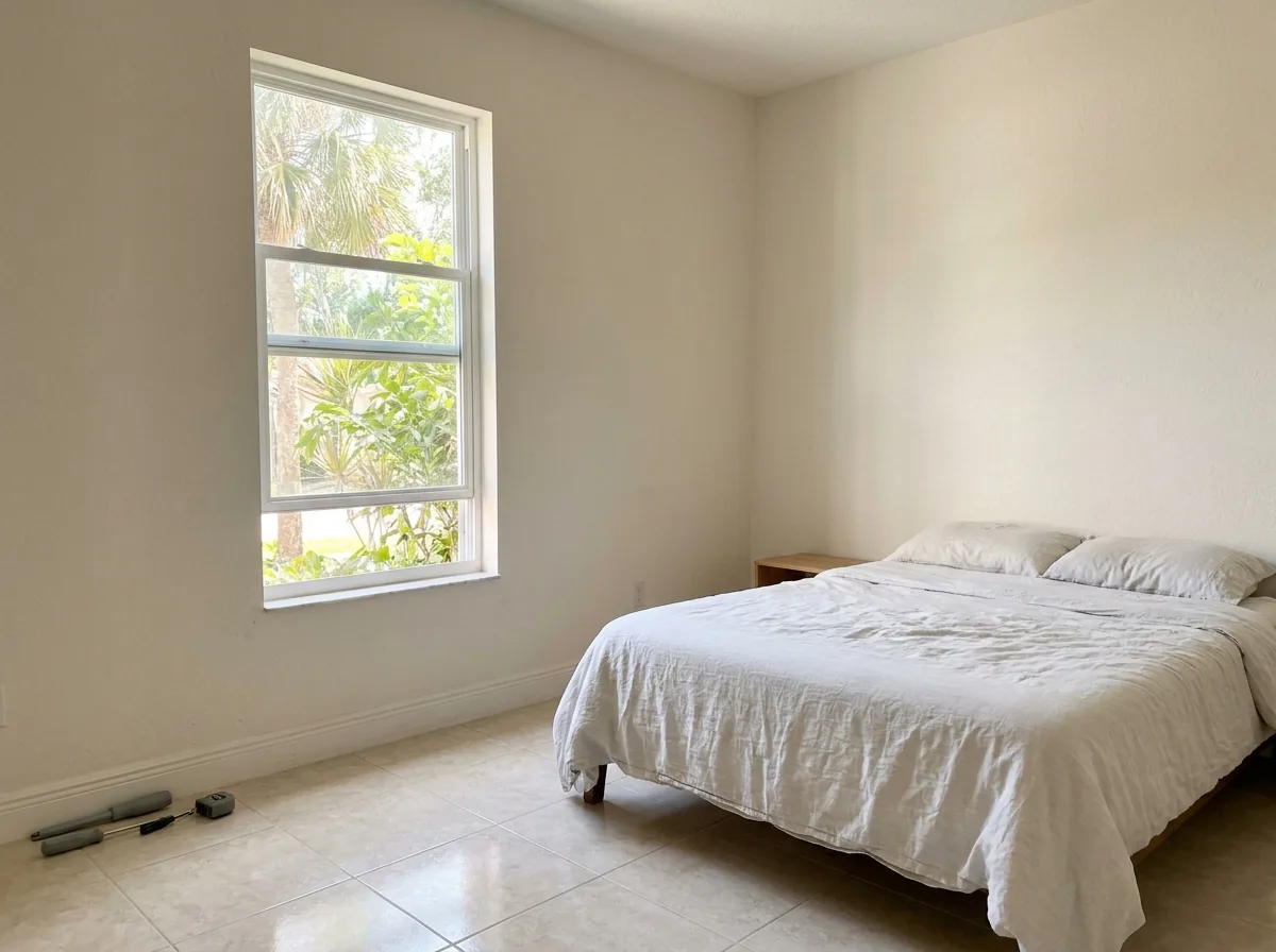 Tall white single-hung window with the lower sash raised in a bedroom