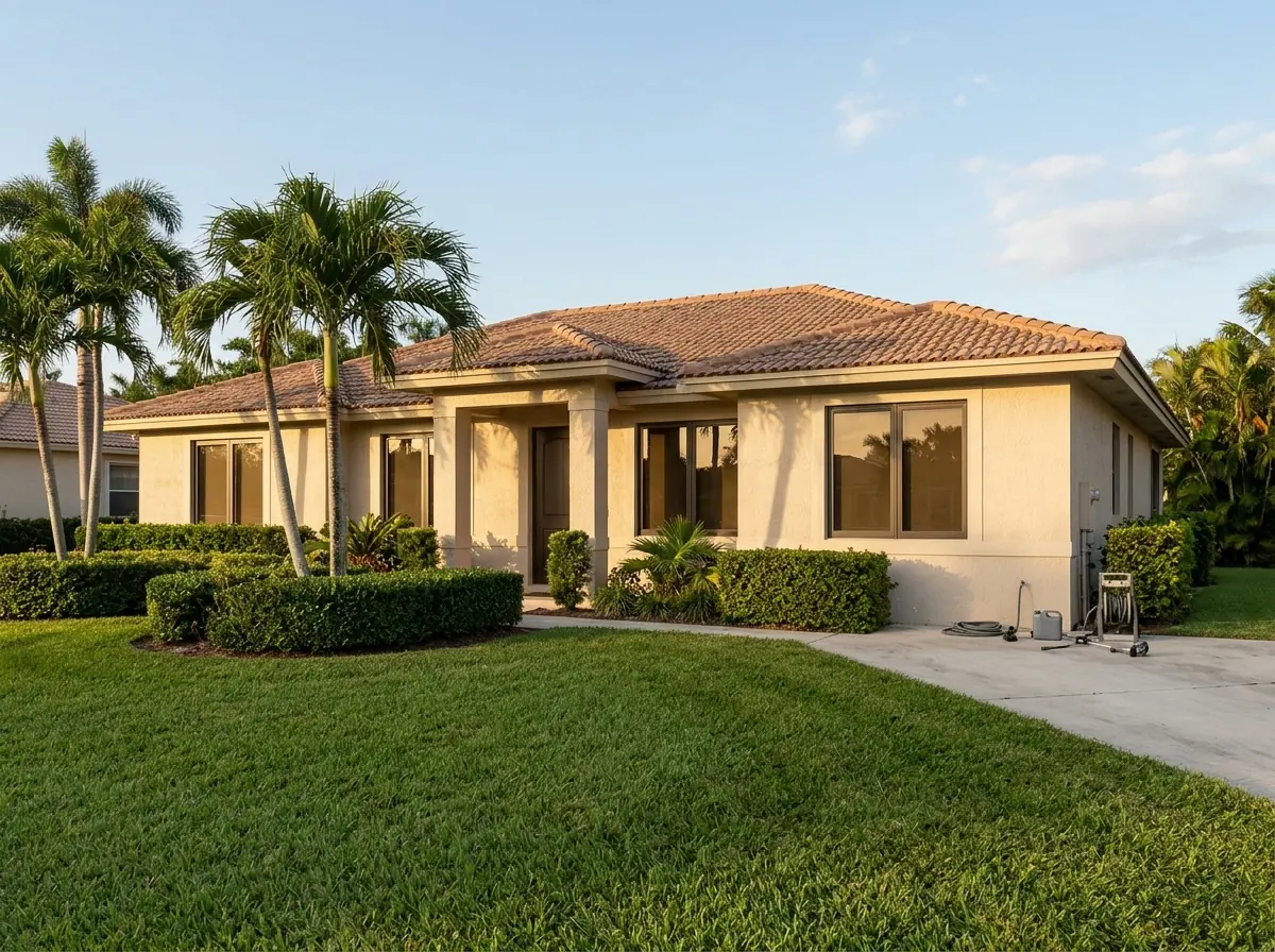 Bronze-tinted windows on a single-story stucco house in afternoon sun