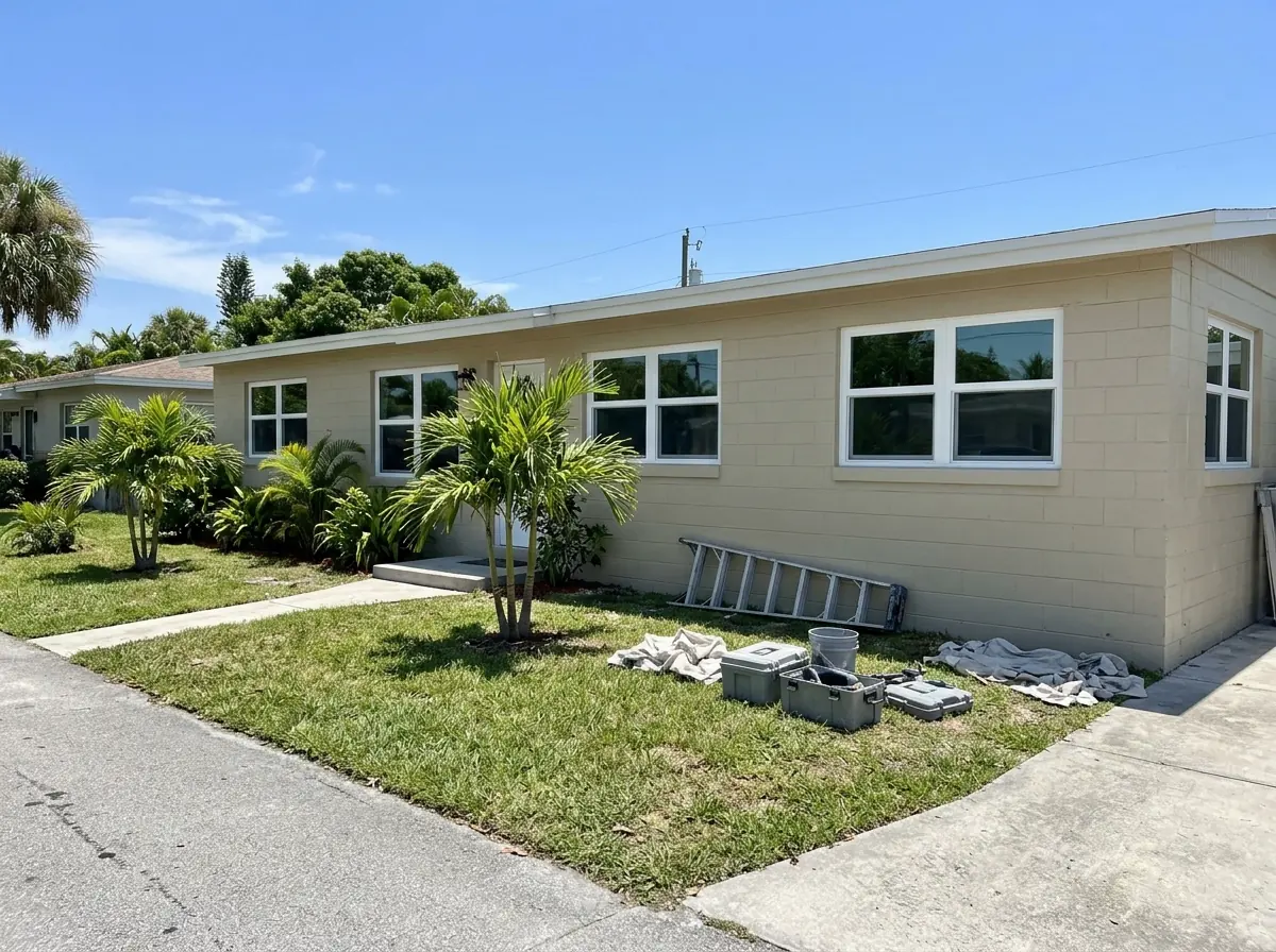 Row of white ENERGY STAR style replacement windows on a block wall house