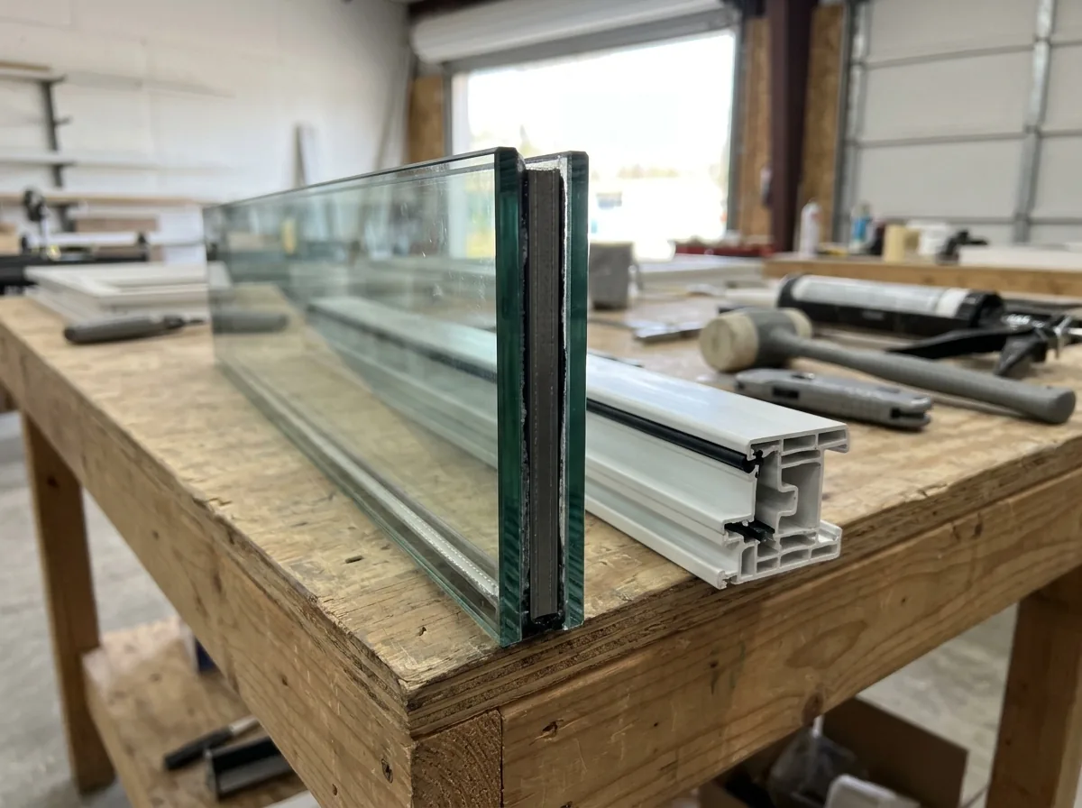 Cross-section view of a double-pane window frame on a work table