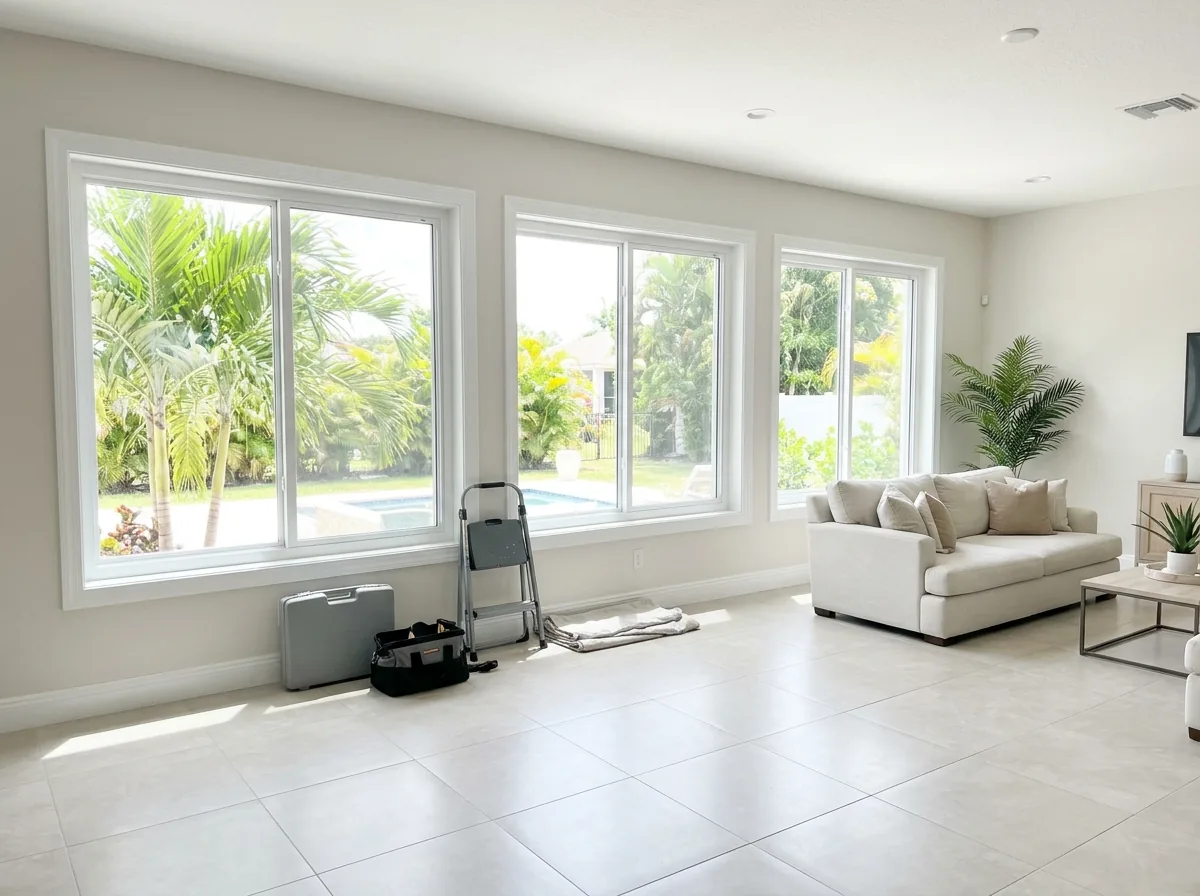 Living room with new low-E impact windows letting in bright daylight