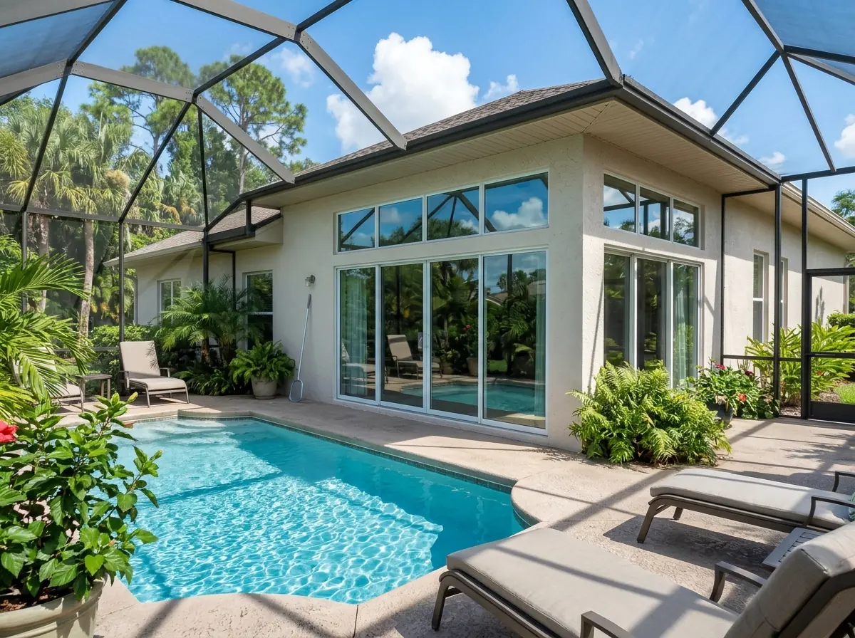 Large clear spectrally selective windows facing a sunny pool deck