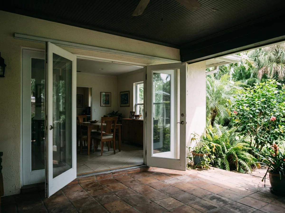Inswing glass French doors opening into a dining room under a deep covered porch roof