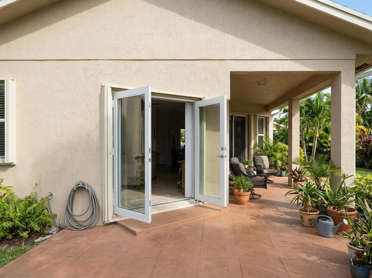 Pair of white impact French doors swung open outward onto a covered tile patio