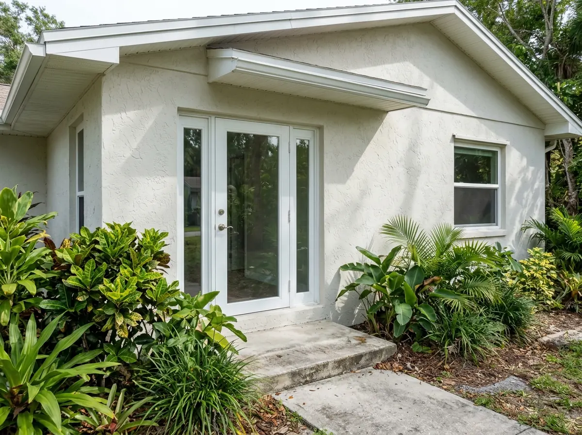 Single glass French door flanked by two narrow glass sidelights on a stucco wall