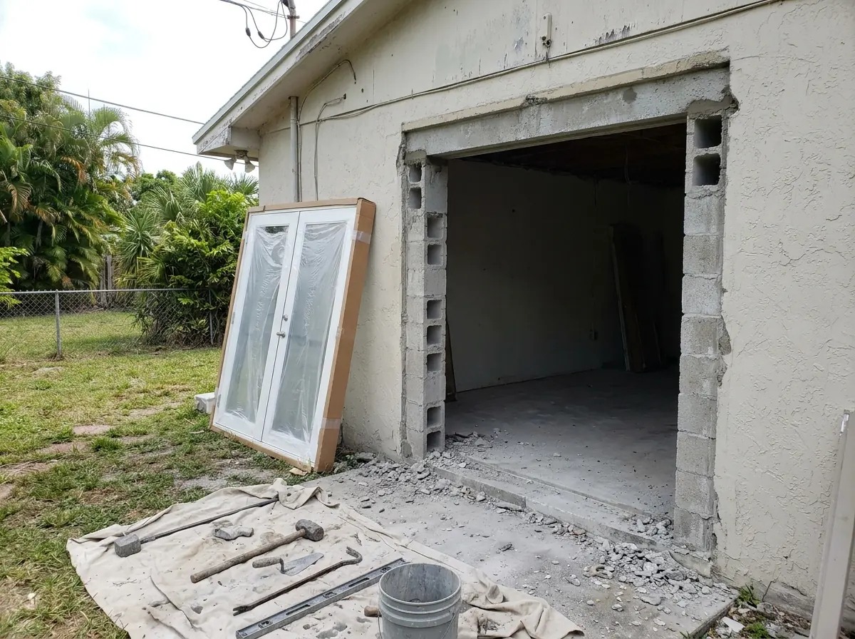 Wall section where a former window opening has been cut down to floor level for new French doors