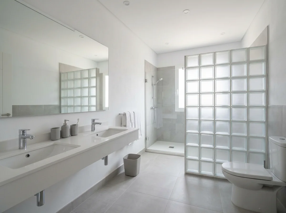 Frosted acrylic block panel set into an interior bathroom partition