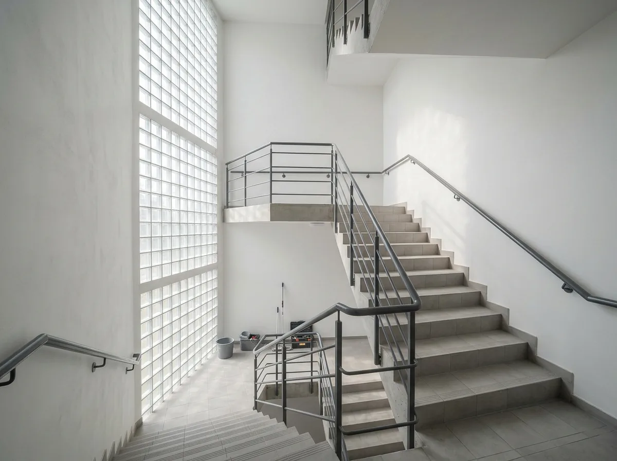 Tall custom glass block panel lighting a stairwell from floor to ceiling
