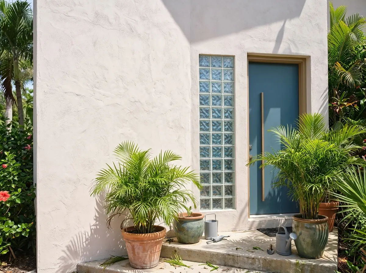 Wavy glass block window mortared into a stucco wall beside a front door