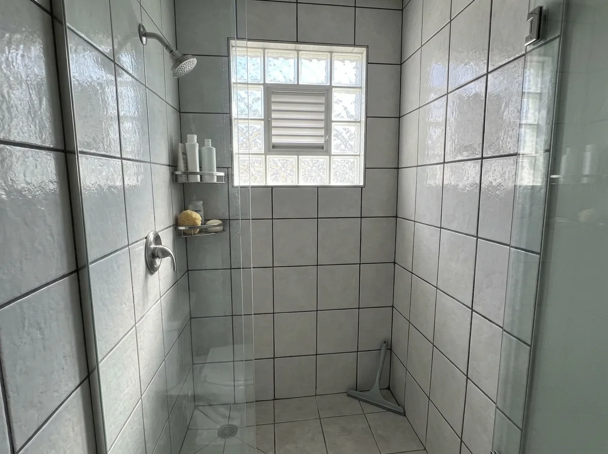 Small glass block window with a built-in vent above a bathroom shower
