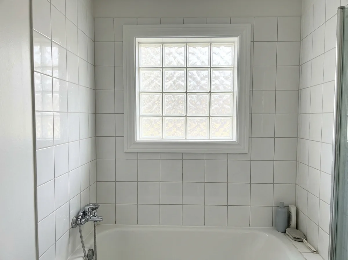 Glass block window in a white vinyl frame on a bathroom wall