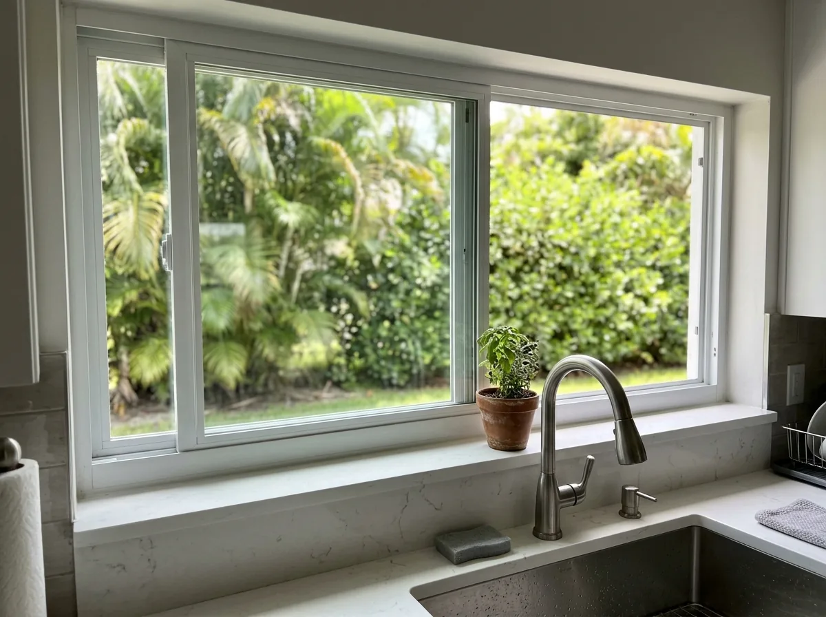 Wide horizontal sliding window with one sash open above a kitchen sink