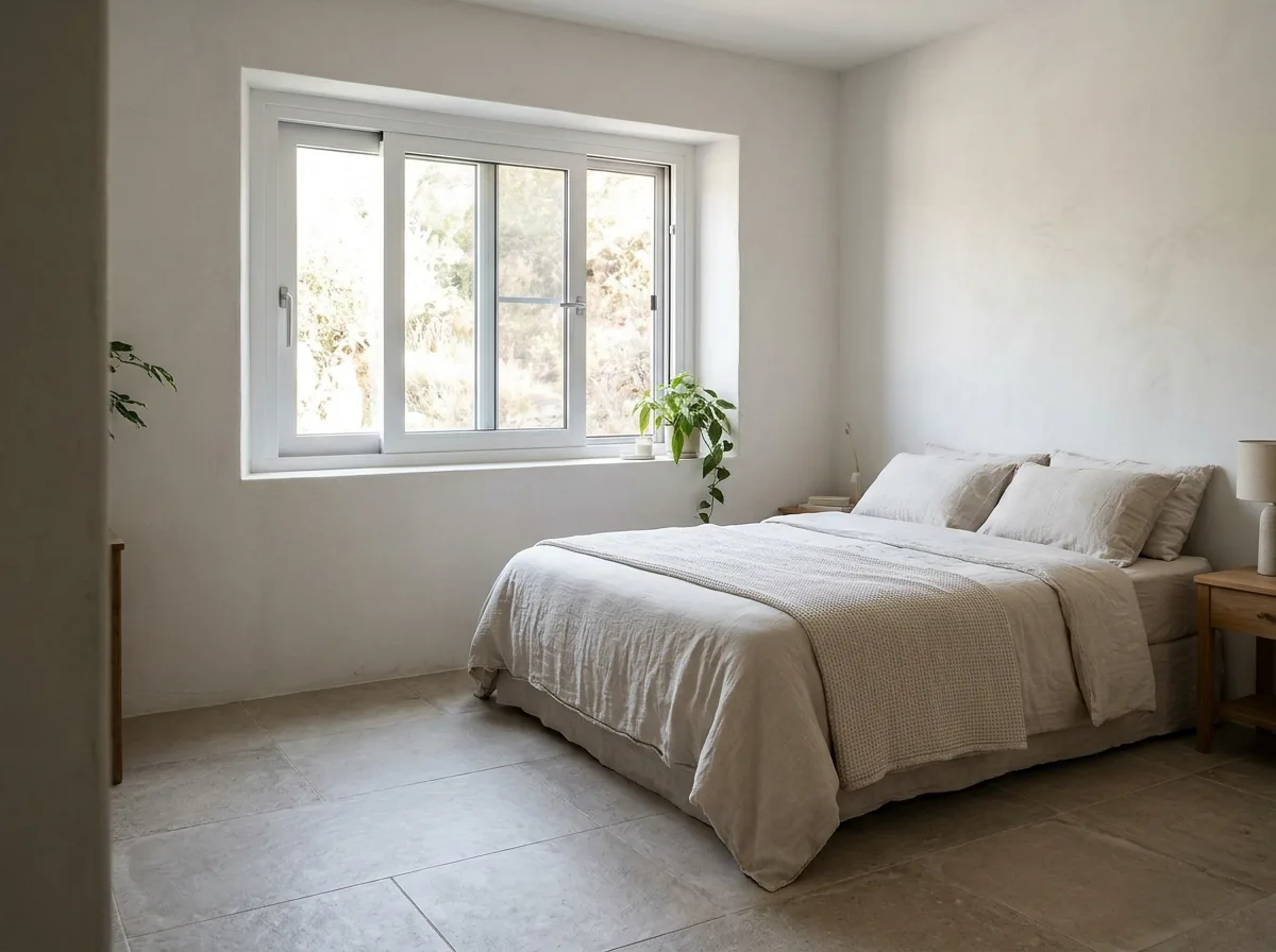 Horizontal sliding window in a bedroom wall with the sash open above a bed