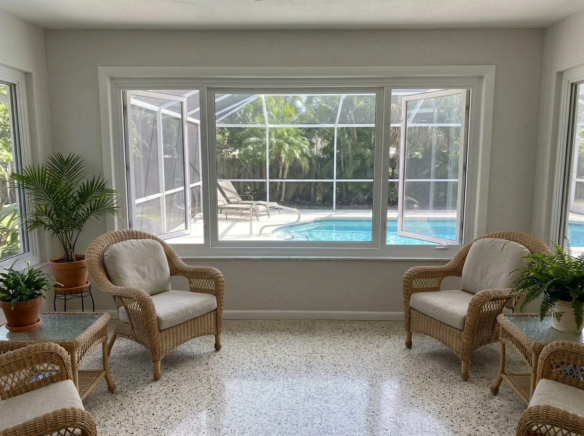 Wide three-panel roller window with both end sashes open in a Florida room