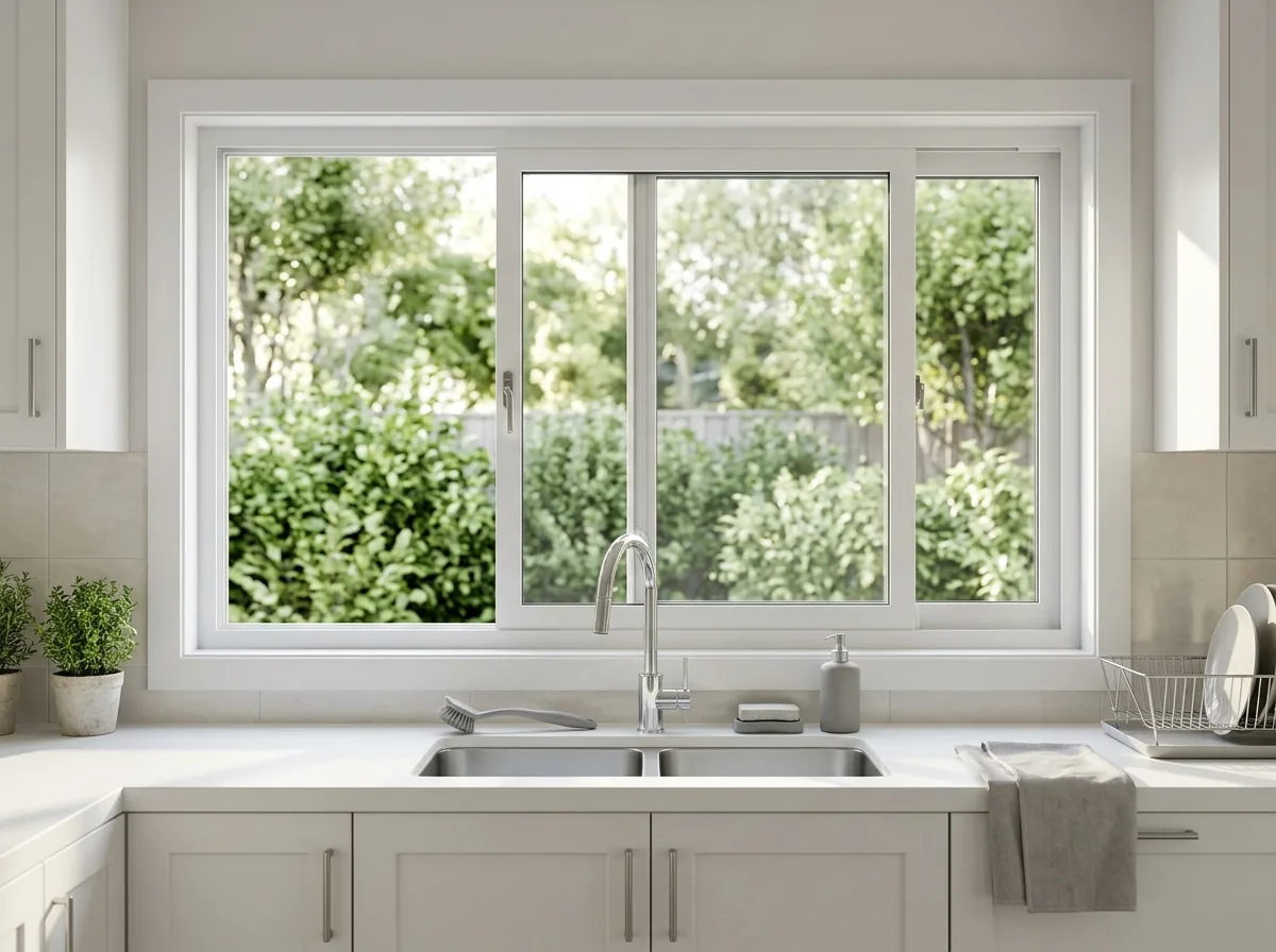 Two-panel horizontal roller window with the left sash slid open over a kitchen counter